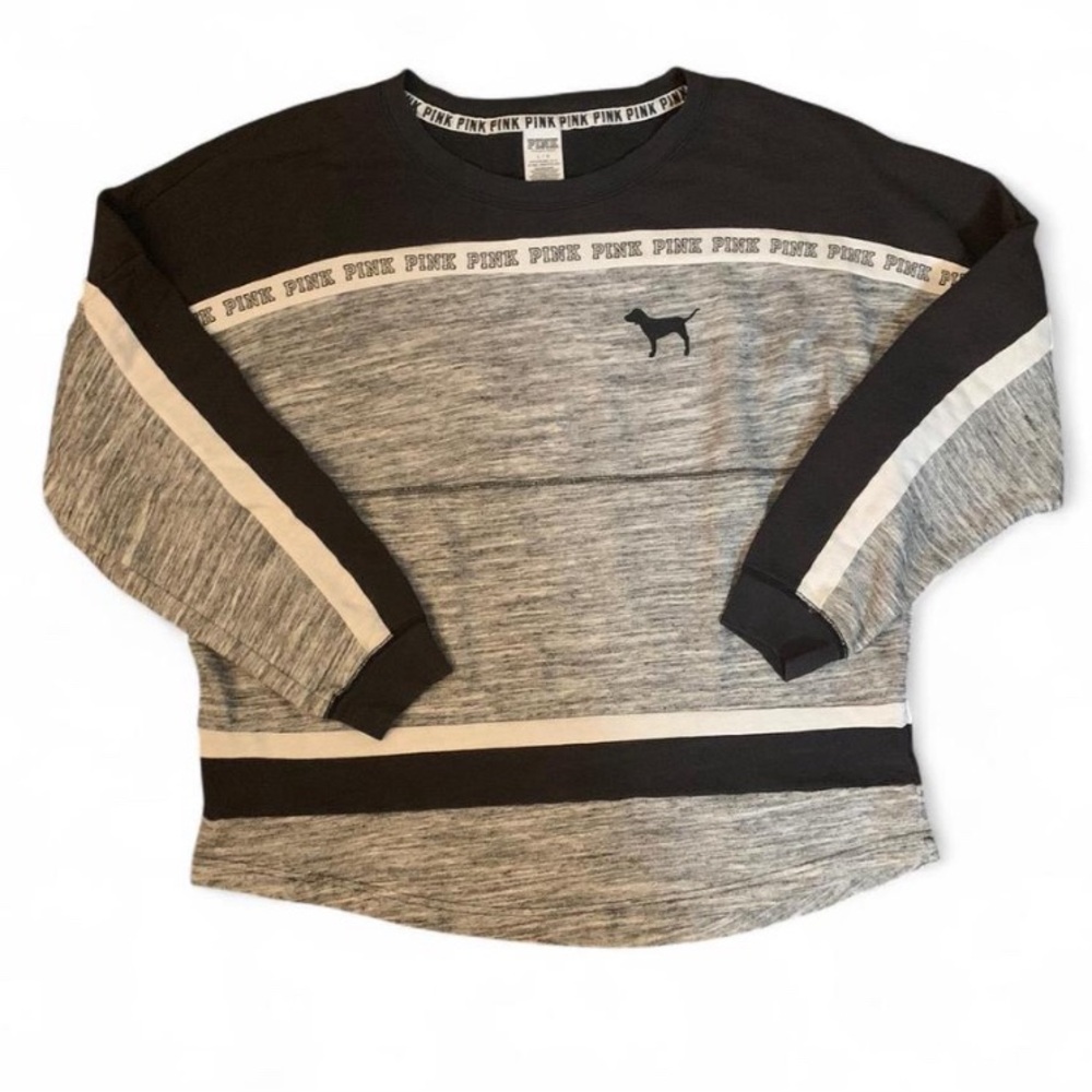 Victoria's Secret PINK Heather Gray Striped Crewneck long sleeve | Size Large